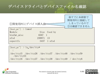 デバイスドライバとデバイスファイル名確認

①開発用PCにデバイス挿入前

※すでに本研修で
開発用PCに接続して
しまっているので
①は確認できません

[host_pc~] > lsmod

マスタ タイトルの書式設定

Module
binfmt_misc
nfsd
exportfs

Size Used by
6587 1
238871 13
3437 1 nfsd

[host_pc~] > ls␣/dev/tty*

:
/dev/tty15 /dev/tty26 /dev/tty37 /dev/tty48 /dev/tty59
/dev/ttyS3
/dev/tty16 /dev/tty27 /dev/tty38 /dev/tty49 / dev/tty6

This material is licensed under the Creative Commons
License BY-NC-SA 4.0.

5-263

263

 