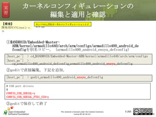 実
習

カーネルコンフィギュレーションの
編集と適用と確認

【環境】
開発用PCのLinuxシェ
ル

カンペ⇒11_FTDIカーネルコンフィギュレーションとビ
ルド.txt

①$ANDROID/Embedded-MasterARM/kernel/armadillo440/arch/arm/configs/armadillo400_android_de
fconfigを別名コピー。（armadillo400_android_ensyu_defconfig）

マスタ タイトルの書式設定

[host_pc~] > cd␣$ANDROID/Embedded-Master-ARM/kernel/armadillo440/arch/arm/configs
[host_pc~] >
cp␣armadillo400_android_defconfig␣armadillo400_android_ensyu_defconfig

②geditで直接編集。下記を追加。
[host_pc~] > gedit␣armadillo400_android_ensyu_defconfig
# USB port drivers
#
CONFIG_USB_SERIAL=y
CONFIG_USB_SERIAL_FTDI_SIO=y

③geditで保存して終了
This material is licensed under the Creative Commons
License BY-NC-SA 4.0.

5-265

265

 
