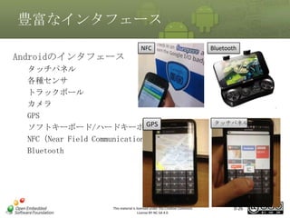 豊富なインタフェース
Androidのインタフェース

NFC

タッチパネル
各種センサ
トラックボール
カメラ
GPS
GPS
ソフトキーボード/ハードキーボード
NFC（Near Field Communication）
Bluetooth

Bluetooth

マスタ タイトルの書式設定

This material is licensed under the Creative Commons
License BY-NC-SA 4.0.

タッチパネル

0-26

 