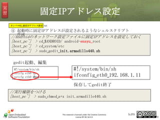 実
習

固定IPアドレス設定
カンペ⇒02_固定IPアドレス設定.txt

④ 起動時に固定IPアドレスが設定されるようなシェルスクリプト
作成

//Androidのネットワーク設定ファイルに固定IPアドレスを設定しておく
[host_pc~] > cd␣$ANDROID/ android-ensyu_root
[host_pc~] > cd␣system/etc
[host_pc~] > sudo␣gedit␣init.armadillo440.sh

マスタ タイトルの書式設定

gedit起動、編集
#!/system/bin/sh
netcfg eth0 up
netcfg eth0 dhcp

#!/system/bin/sh
ifconfig␣eth0␣192.168.1.11
保存してgedit終了

//実行権限をつける
[host_pc~] > sudo␣chmod␣a+x init.armadillo440.sh

This material is licensed under the Creative Commons
License BY-NC-SA 4.0.

5-273

273

 