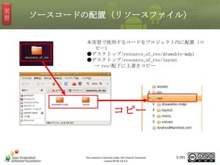 実
習

ソースコードの配置（リソースファイル）
本実習で使用するコードをプロジェクト内に配置（コ
ピー）
●デスクトップ/resource_of_res/drawable-mdpi
●デスクトップ/resource_of_res/layout
→ res/配下に上書きコピー

マスタ タイトルの書式設定
コピー

This material is licensed under the Creative Commons
License BY-NC-SA 4.0.

5-291

 