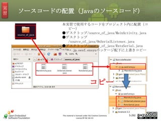 実
習

ソースコードの配置（Javaのソースコード）
本実習で使用するコードをプロジェクト内に配置（コ
ピー）
●デスクトップ/source_of_java/MainActivity.java
●デスクトップ
/source_of_java/OnSerialListener.java
●デスクトップ/source_of_java/RxtxSerial.java
→ jp.oesf.ensyuパッケージ配下に上書きコピー

マスタ タイトルの書式設定
コピー

This material is licensed under the Creative Commons
License BY-NC-SA 4.0.

5-292

 