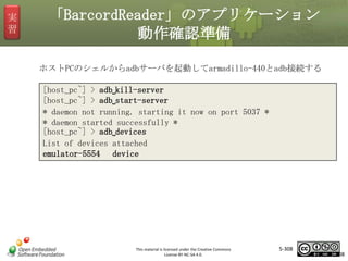 実
習

「BarcordReader」のアプリケーション
動作確認準備
ホストPCのシェルからadbサーバを起動してarmadillo-440とadb接続する
[host_pc~] > adb␣kill-server
[host_pc~] > adb␣start-server
* daemon not running. starting it now on port 5037 *
* daemon started successfully *
[host_pc~] > adb␣devices
List of devices attached
emulator-5554 device

マスタ タイトルの書式設定

This material is licensed under the Creative Commons
License BY-NC-SA 4.0.

5-308

308

 