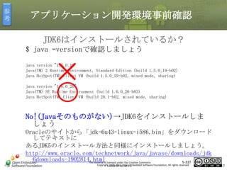 参
考

アプリケーション開発環境事前確認
JDK6はインストールされているか？
$ java –versionで確認しましょう

×

java version "1.5.0_19"
Java(TM) 2 Runtime Environment, Standard Edition (build 1.5.0_19-b02)
Java HotSpot(TM) Client VM (build 1.5.0_19-b02, mixed mode, sharing)

マスタ タイトルの書式設定

java version "1.6.0_26"
Java(TM) SE Runtime Environment (build 1.6.0_26-b03)
Java HotSpot(TM) Client VM (build 20.1-b02, mixed mode, sharing)

No!(Javaそのものがない)→JDK6をインストールしま
しょう
Oracleのサイトから「jdk-6u43-linux-i586.bin」をダウンロード
してテキストに
あるJDK5のインストール方法と同様にインストールしましょう。
http://www.oracle.com/technetwork/java/javase/downloads/jdk
6downloads-1902814.htmlis licensed under the Creative Commons
5-317
This material
Copyright 2009-2012, Open Embedded Software Foundation, All rights reserved
License BY-NC-SA 4.0.

317

 