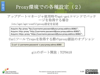 参
考

Proxy環境での各種設定（２）
アップデートマネージャ使用時やapt-getコマンドでパッケ
ージを取得する場合
/etc/apt/apt-confにproxy設定を記述
Acquire::ftp::proxy "ftp://username:password@your.proxy.address:8080/";
Acquire::http::proxy "http://username:password@your.proxy.address:8080/";
Acquire::https::proxy "https://username:password@your.proxy.address:8080/";

マスタ タイトルの書式設定

Curlツールでrepoを取得する際のproxy認証のオプション
$ curl -U username:password -x your.proxy.adress:8080

gitのポート開放：TCP9418

This material is licensed under the Creative Commons
License BY-NC-SA 4.0.

5-324

324

 