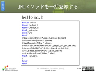 参
考

JNIメソッドを一括登録する
hellojni.h
#include <jni.h>
#ifndef _hellojni_h
#define _hellojni_h
#ifdef __cplusplus
extern "C" {
#endif
jint openComm(JNIEnv *, jobject, jstring, jboolean);
void closeComm(JNIEnv *, jobject);
jint getBaudrate(JNIEnv *, jobject);
jboolean setCommParams(JNIEnv *, jobject, jint, jint, jint, jint);
jint commWrite(JNIEnv *, jobject, jbyteArray, jint, jint);
static void setListener(JNIEnv *, jclass, jobject);
static void stopThread(JNIEnv *, jclass);
#ifdef __cplusplus
}
#endif
#endif

マスタ タイトルの書式設定

This material is licensed under the Creative Commons
License BY-NC-SA 4.0.

5-333

333

 