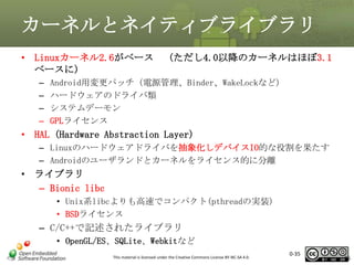 カーネルとネイティブライブラリ
• Linuxカーネル2.6がベース
ベースに)
–
–
–
–

(ただし4.0以降のカーネルはほぼ3.1

Android用変更パッチ（電源管理、Binder、WakeLockなど）
ハードウェアのドライバ類
システムデーモン
GPLライセンス

• HAL (Hardware Abstraction Layer)
– Linuxのハードウェアドライバを抽象化しデバイスIO的な役割を果たす
– Androidのユーザランドとカーネルをライセンス的に分離

• ライブラリ
– Bionic libc
• Unix系libcよりも高速でコンパクト(pthreadの実装)
• BSDライセンス

– C/C++で記述されたライブラリ
• OpenGL/ES、SQLite、Webkitなど
This material is licensed under the Creative Commons License BY-NC-SA 4.0.

0-35

35

 