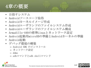 4章の概要
•
•
•
•
•
•
•
•
•

目指すシステム
Androidソースコード取得
Androidカーネルイメージ作成
Androidユーザランドのファイルシステム作成
Androidユーザランドのファイルシステム構成
Armadillo-440の標準Linuxとネットワーク設定
Android起動用microSDの準備とAndroidカーネルの準備
Android起動
デバッグ環境の構築
–
–
–
–

Android SDK のインストール
ネットワーク設定
ddms
adbコマンドとadb shellコマンド

This material is licensed under the Creative Commons License BY-NC-SA 4.0.

0-87

87

 
