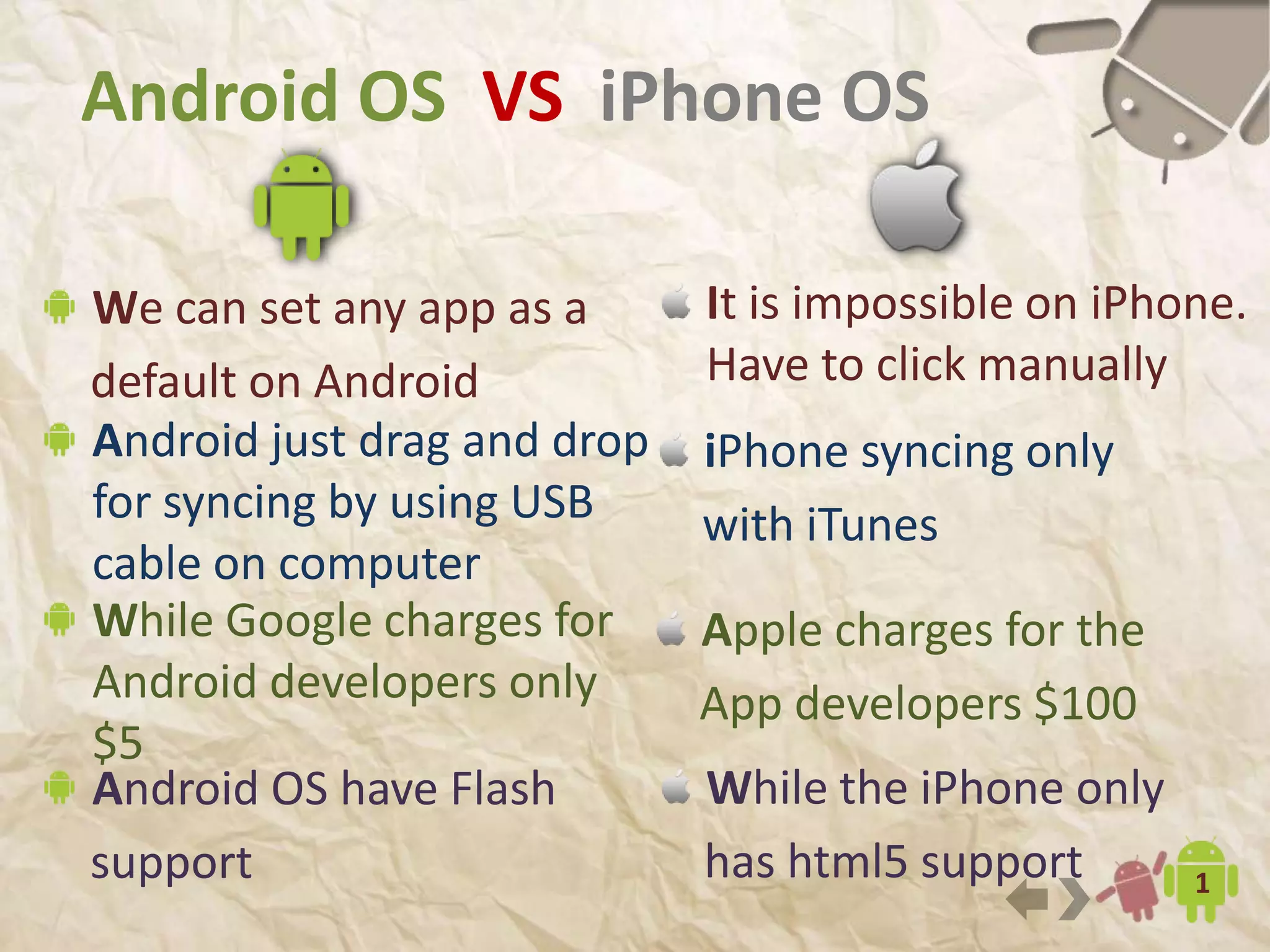 12
Android OS VS iPhone OS
Android just drag and drop
for syncing by using USB
cable on computer
While Google charges for
Android developers only
$5
Android OS have Flash
support
iPhone syncing only
with iTunes
Apple charges for the
App developers $100
While the iPhone only
has html5 support
 