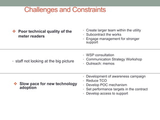 Challenges and Constraints 
•staff not looking at the big picture 
•Create larger team within the utility 
•Subcontract the works 
•Engage management for stronger support 
•WSP consultation 
•Communication Strategy Workshop 
•Outreach: memos 
•Development of awareness campaign 
•Reduce TCO 
•Develop POC mechanism 
•Set performance targets in the contract 
•Develop access to support 
Poor technical quality of the meter readers 
Slow pace for new technology adoption  
