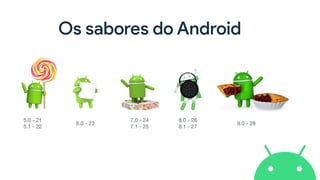 Os sabores do Android
5.0 - 21 
5.1 - 22
6.0 - 23
7.0 - 24 
7.1 - 25
8.0 - 26 
8.1 - 27
9.0 - 28
 