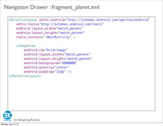 by Eakapong Kattiya
Navigation Drawer : fragment_planet.xml
<RelativeLayout xmlns:android="http://schemas.android.com/apk/res/android"
xmlns:tools="http://schemas.android.com/tools"
android:layout_width="match_parent"
android:layout_height="match_parent"
tools:context=".MainActivity" >
<ImageView
android:id="@+id/image"
android:layout_width="match_parent"
android:layout_height="match_parent"
android:background="#000000"
android:gravity="center"
android:padding="32dp" />
</RelativeLayout>
Monday, July 15, 13
 
