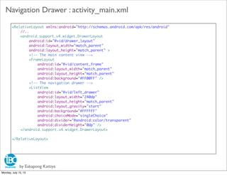 by Eakapong Kattiya
Navigation Drawer : activity_main.xml
<RelativeLayout xmlns:android="http://schemas.android.com/apk/res/android"
//..
<android.support.v4.widget.DrawerLayout
android:id="@+id/drawer_layout"
android:layout_width="match_parent"
android:layout_height="match_parent" >
<!-- The main content view -->
<FrameLayout
android:id="@+id/content_frame"
android:layout_width="match_parent"
android:layout_height="match_parent"
android:background="#FF00FF" />
<!-- The navigation drawer -->
<ListView
android:id="@+id/left_drawer"
android:layout_width="240dp"
android:layout_height="match_parent"
android:layout_gravity="start"
android:background="#FFFFFF"
android:choiceMode="singleChoice"
android:divider="@android:color/transparent"
android:dividerHeight="0dp" />
</android.support.v4.widget.DrawerLayout>
</RelativeLayout>
Monday, July 15, 13
 