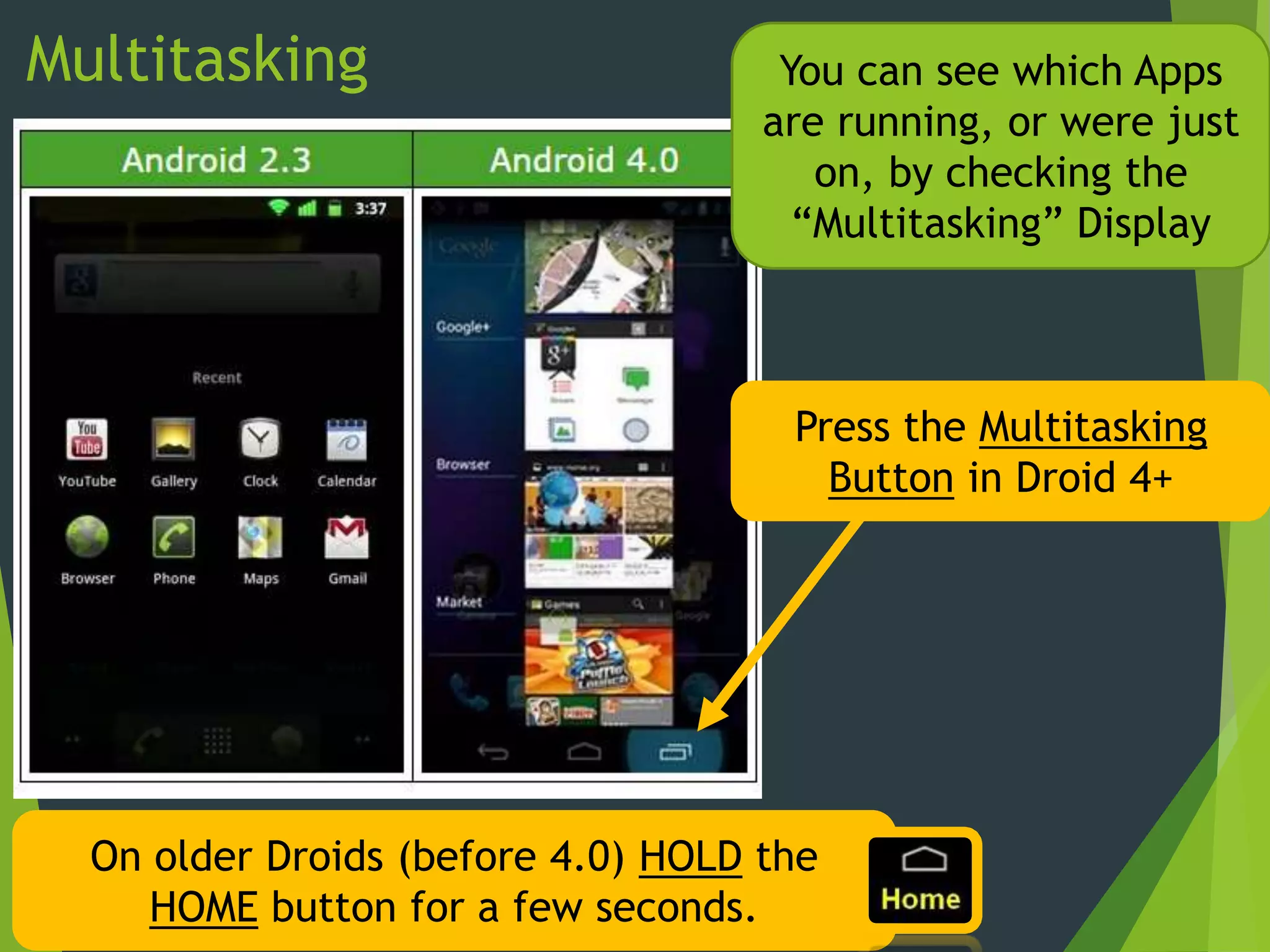 Multitasking You can see which Apps
are running, or were just
on, by checking the
“Multitasking” Display
Press the Multitasking
Button in Droid 4+
On older Droids (before 4.0) HOLD the
HOME button for a few seconds.
 