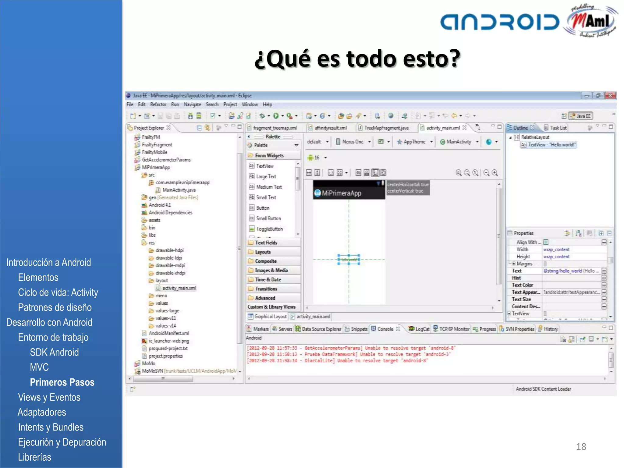 ¿Qué es todo esto?




Introducción a Android
    Elementos
    Ciclo de vida: Activity
    Patrones de diseño
Desarrollo con Android
    Entorno de trabajo
       SDK Android
       MVC
       Primeros Pasos
    Views y Eventos
    Adaptadores
    Intents y Bundles
    Ejecurión y Depuración                         18
    Librerías
 
