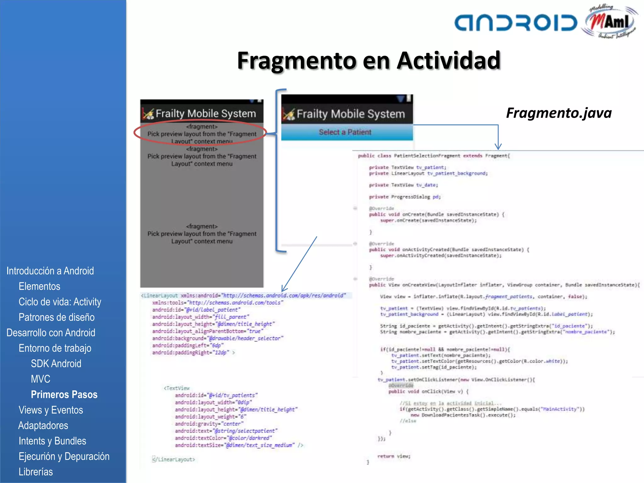 Fragmento en Actividad
                                                       Fragmento.java




Introducción a Android
    Elementos
    Ciclo de vida: Activity
    Patrones de diseño
Desarrollo con Android
    Entorno de trabajo
       SDK Android
       MVC
       Primeros Pasos
    Views y Eventos
    Adaptadores
    Intents y Bundles
    Ejecurión y Depuración                                        26
    Librerías
 