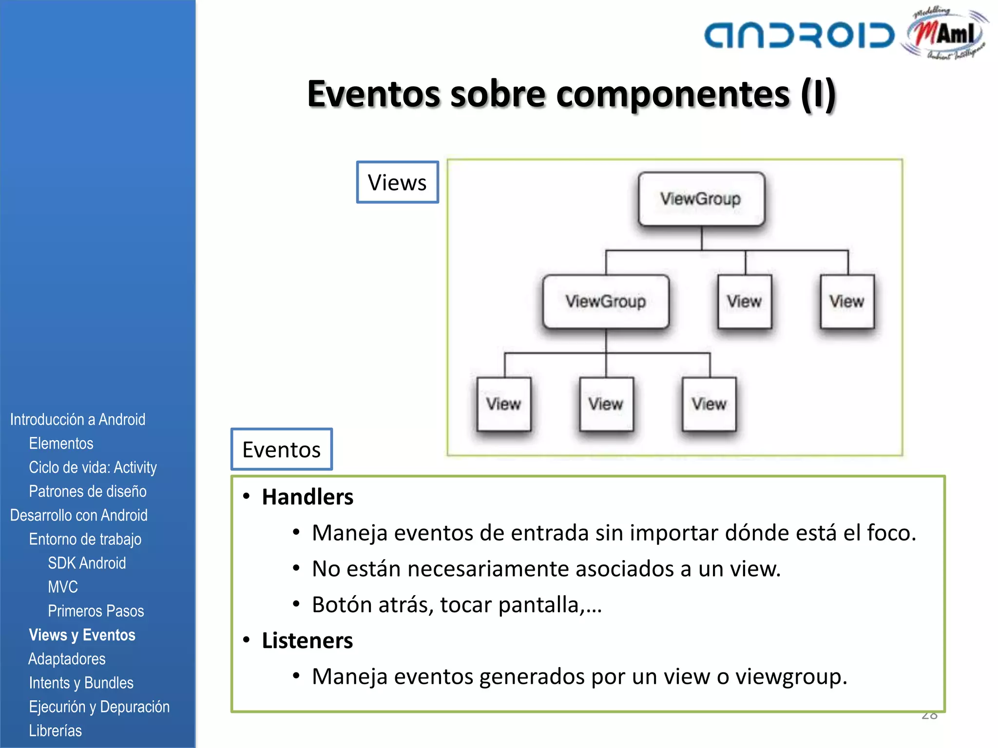 Eventos sobre componentes (I)

                                          Views




Introducción a Android
    Elementos
                              Eventos
    Ciclo de vida: Activity
    Patrones de diseño        • Handlers
Desarrollo con Android
    Entorno de trabajo             • Maneja eventos de entrada sin importar dónde está el foco.
       SDK Android                 • No están necesariamente asociados a un view.
       MVC
       Primeros Pasos              • Botón atrás, tocar pantalla,…
    Views y Eventos           • Listeners
    Adaptadores
    Intents y Bundles              • Maneja eventos generados por un view o viewgroup.
    Ejecurión y Depuración                                                                        28
    Librerías
 
