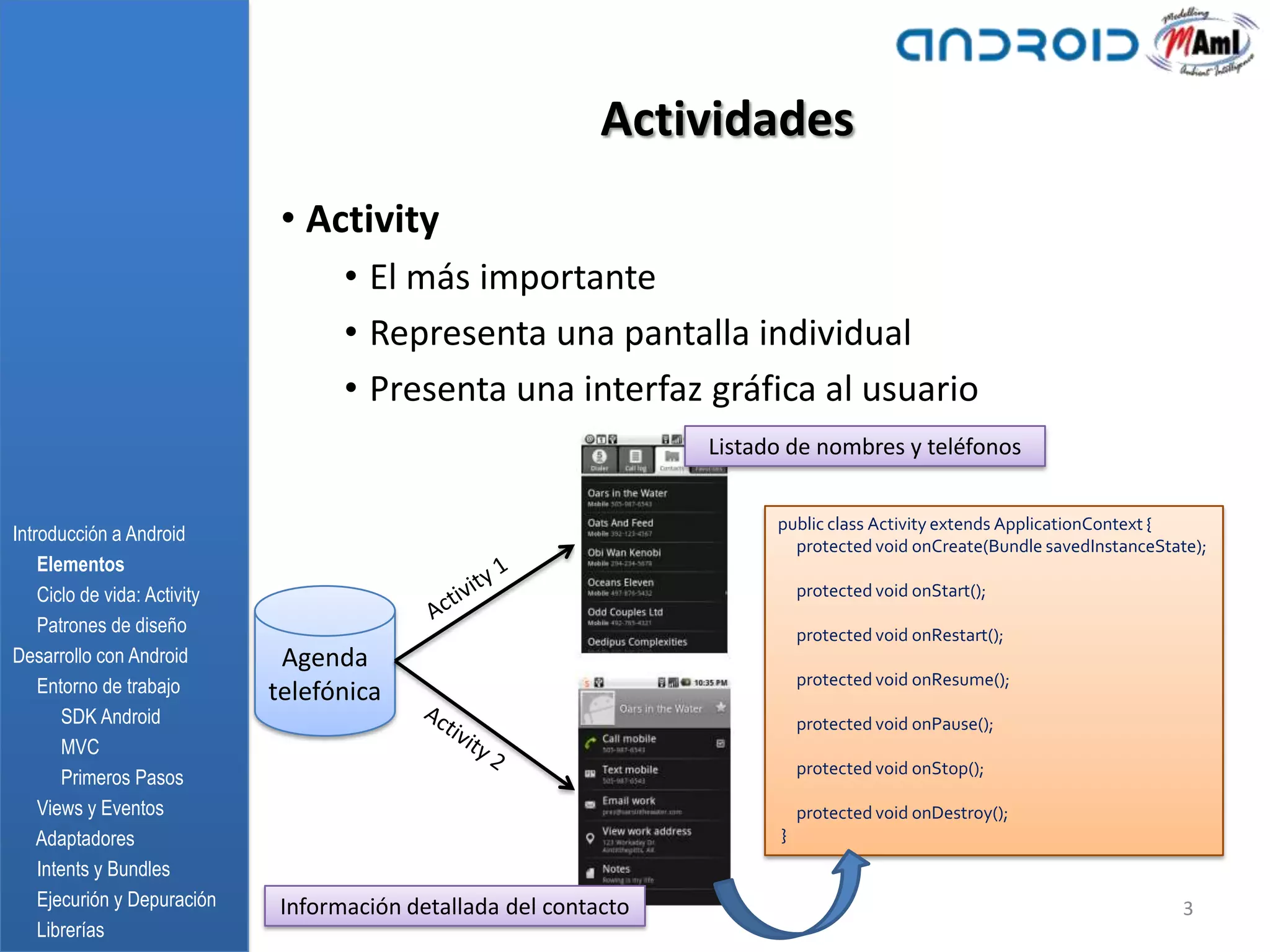 Actividades
                               • Activity
                                     • El más importante
                                     • Representa una pantalla individual
                                     • Presenta una interfaz gráfica al usuario
                                                                    Listado de nombres y teléfonos


                                                                          public class Activity extends ApplicationContext {
Introducción a Android
                                                                            protected void onCreate(Bundle savedInstanceState);
    Elementos
    Ciclo de vida: Activity                                                   protected void onStart();
    Patrones de diseño                                                        protected void onRestart();
Desarrollo con Android         Agenda
    Entorno de trabajo                                                        protected void onResume();
                              telefónica
       SDK Android                                                            protected void onPause();
       MVC
                                                                              protected void onStop();
       Primeros Pasos
    Views y Eventos                                                           protected void onDestroy();
    Adaptadores                                                           }
    Intents y Bundles
    Ejecurión y Depuración     Información detallada del contacto                                                           3
    Librerías
 