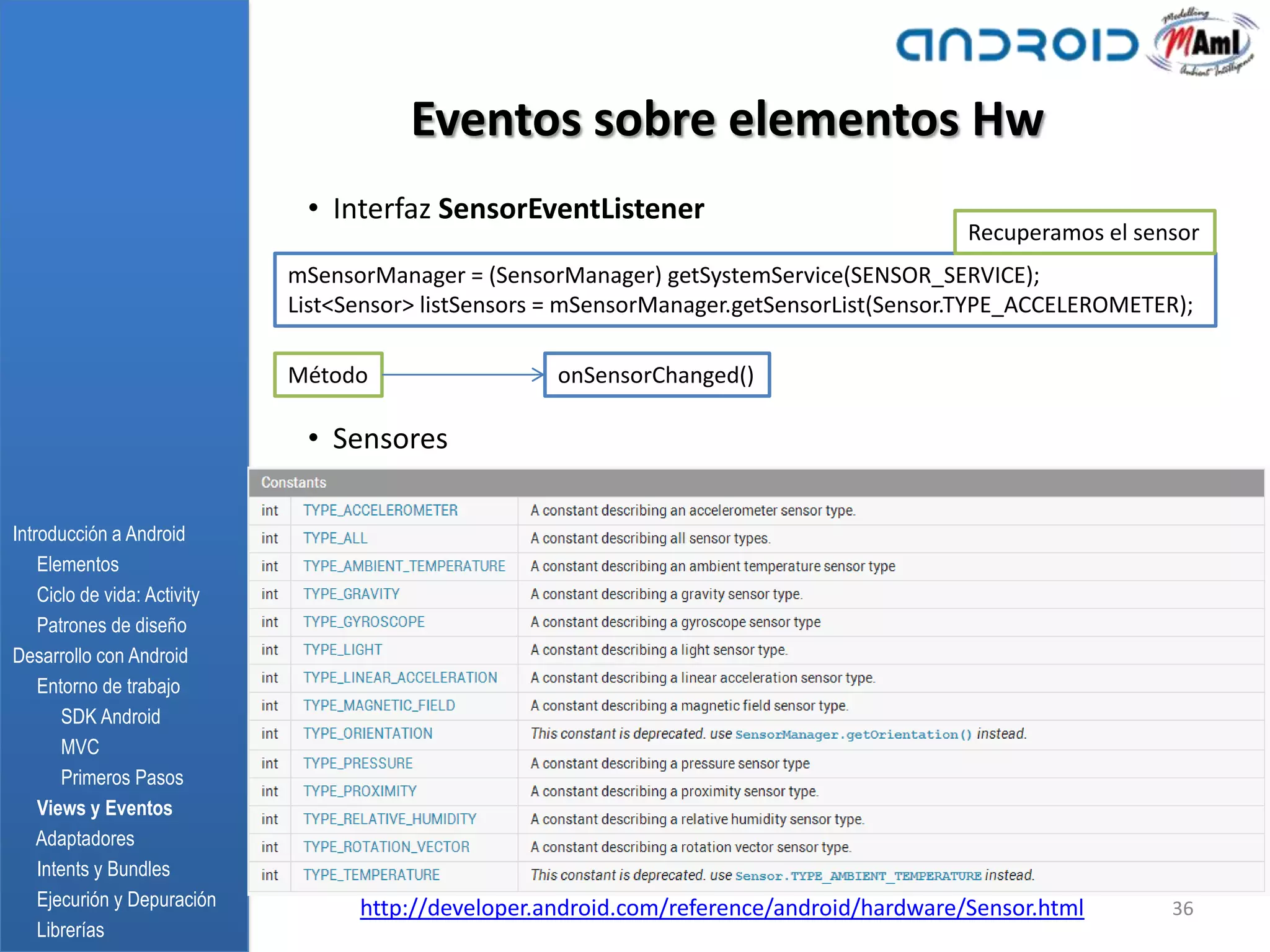 Eventos sobre elementos Hw
                               • Interfaz SensorEventListener
                                                                                            Recuperamos el sensor
                              mSensorManager = (SensorManager) getSystemService(SENSOR_SERVICE);
                              List<Sensor> listSensors = mSensorManager.getSensorList(Sensor.TYPE_ACCELEROMETER);

                              Método                  onSensorChanged()

                               • Sensores

Introducción a Android
    Elementos
    Ciclo de vida: Activity
    Patrones de diseño
Desarrollo con Android
    Entorno de trabajo
       SDK Android
       MVC
       Primeros Pasos
    Views y Eventos
    Adaptadores
    Intents y Bundles
    Ejecurión y Depuración          http://developer.android.com/reference/android/hardware/Sensor.html        36
    Librerías
 