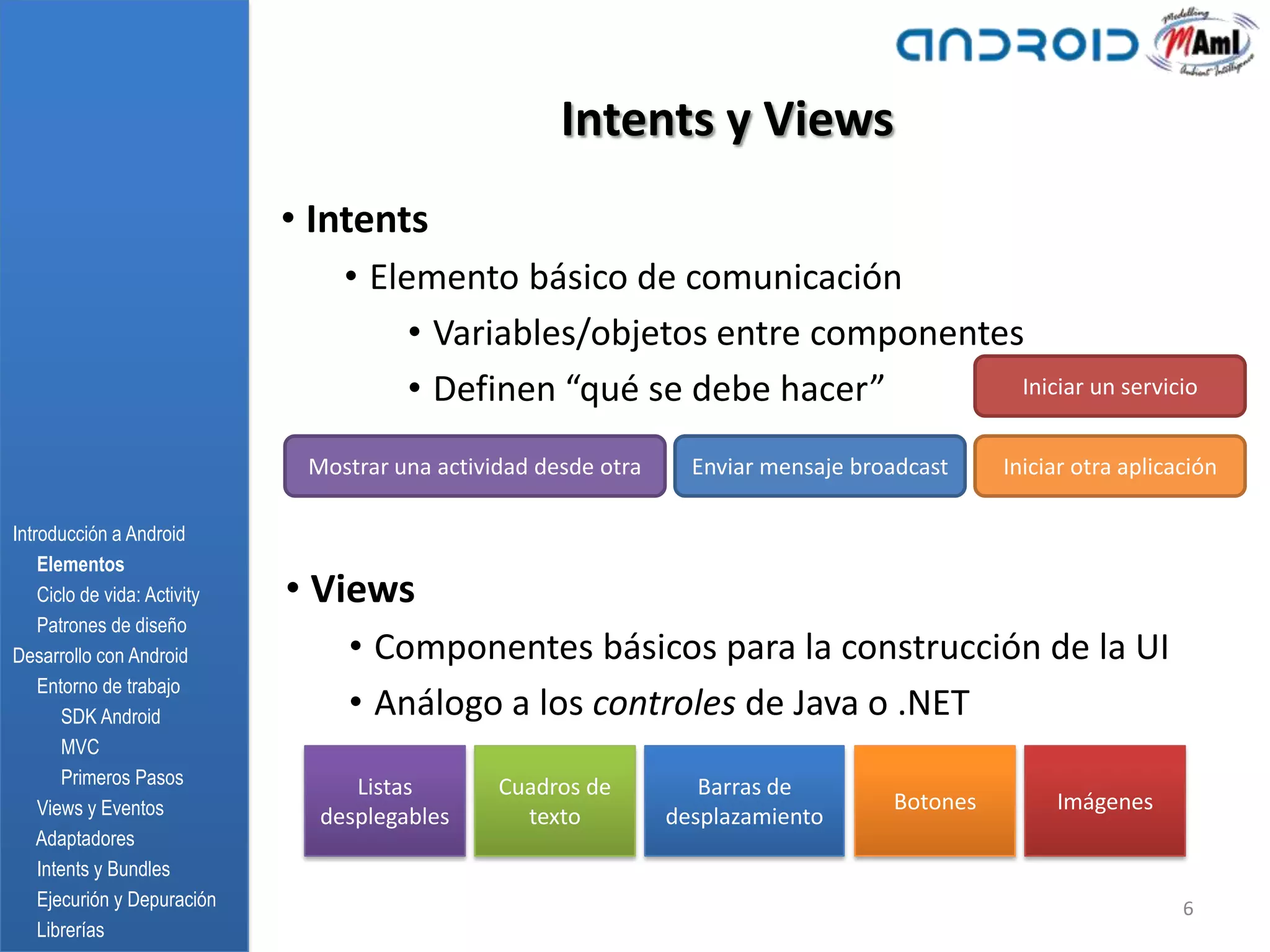 Intents y Views
                              • Intents
                                  • Elemento básico de comunicación
                                       • Variables/objetos entre componentes
                                       • Definen “qué se debe hacer”        Iniciar un servicio


                               Mostrar una actividad desde otra     Enviar mensaje broadcast    Iniciar otra aplicación

Introducción a Android
    Elementos
    Ciclo de vida: Activity   • Views
    Patrones de diseño
Desarrollo con Android            • Componentes básicos para la construcción de la UI
    Entorno de trabajo
       SDK Android                • Análogo a los controles de Java o .NET
       MVC
       Primeros Pasos              Listas        Cuadros de          Barras de
    Views y Eventos                                                                   Botones        Imágenes
                                desplegables       texto          desplazamiento
    Adaptadores
    Intents y Bundles
    Ejecurión y Depuración                                                                                         6
    Librerías
 