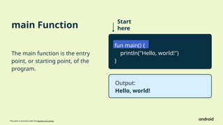 This work is licensed under the Apache 2.0 License
main Function
The main function is the entry
point, or starting point, of the
program.
Start
here
fun main() {
println("Hello, world!")
}
Output:
Hello, world!
 
