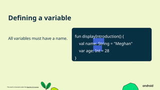 This work is licensed under the Apache 2.0 License
Defining a variable
All variables must have a name.
fun displayIntroduction() {
val name: String = "Meghan"
var age: Int = 28
}
 