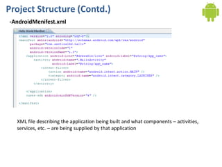 Project Structure (Contd.)
-AndroidMenifest.xml




  XML file describing the application being built and what components – activities,
  services, etc. – are being supplied by that application
 
