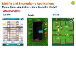 Mobile and Smartphone Applications
Mobile Phone Applications: Some Examples (Contd.)
Category: Games
Sudoku                 Tetris               Snake
 