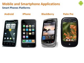 Mobile and Smartphone Applications
Smart Phones Platforms

 Android       iPhone    BlackBerry   Palm Pre
 