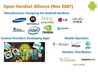 Open Handset Alliance (Nov 2007)
  Manufacturers: Designing the Android Handsets




Content Providers: Developing Apps         Mobile Operators



                                          Markets: Distribution
 