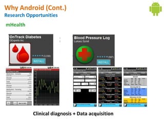 Why Android (Cont.)
Research Opportunities
mHealth




           Clinical diagnosis + Data acquisition
 