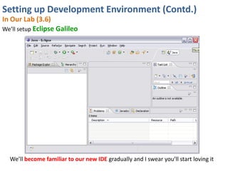Setting up Development Environment (Contd.)
In Our Lab (3.6)
We’ll setup Eclipse Galileo




  We’ll become familiar to our new IDE gradually and I swear you’ll start loving it
 