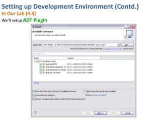 Setting up Development Environment (Contd.)
In Our Lab (4.4)
We’ll setup ADT Plugin
 