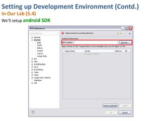 Setting up Development Environment (Contd.)
In Our Lab (5.4)
We’ll setup android SDK
 