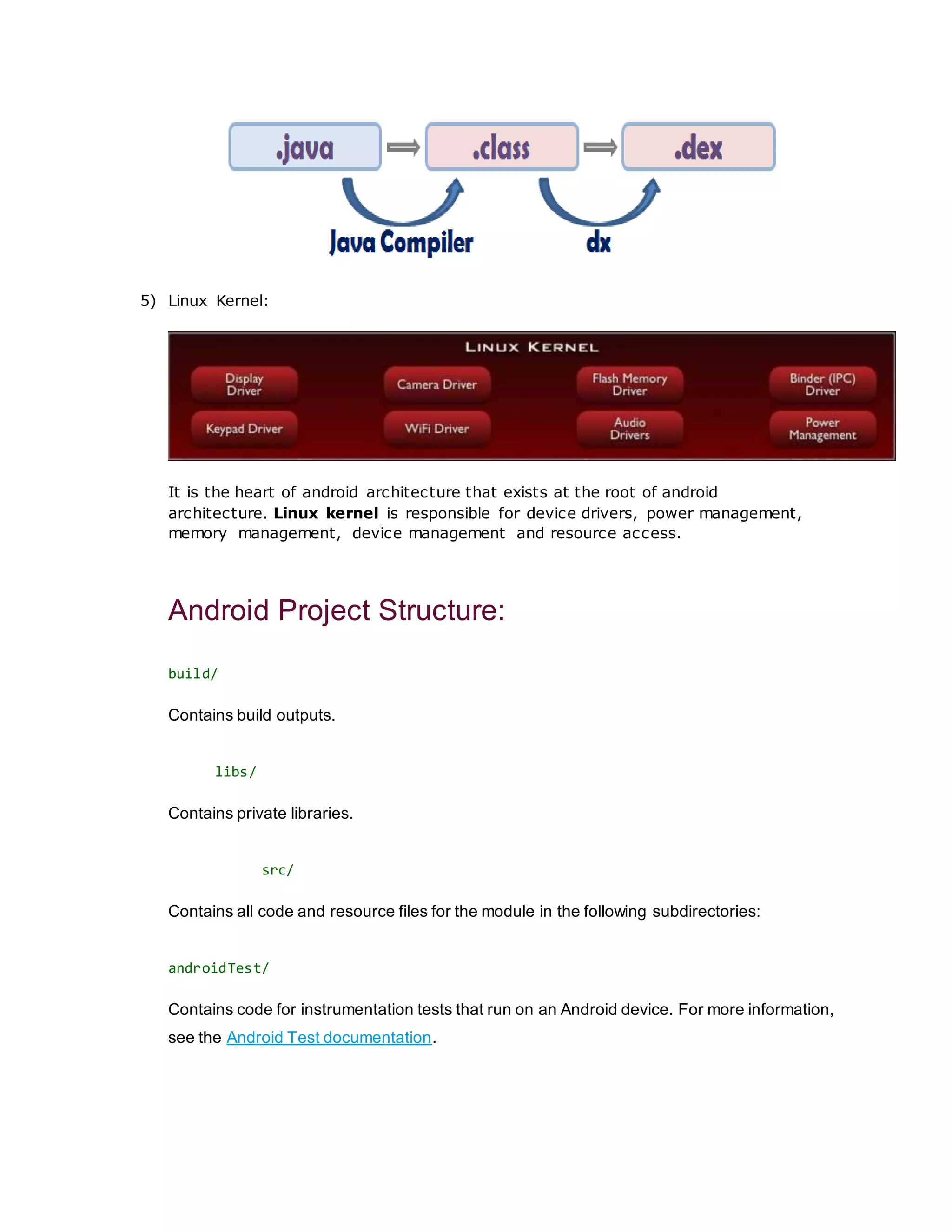 5) Linux Kernel:
It is the heart of android architecture that exists at the root of android
architecture. Linux kernel is responsible for device drivers, power management,
memory management, device management and resource access.
Android Project Structure:
build/
Contains build outputs.
libs/
Contains private libraries.
src/
Contains all code and resource files for the module in the following subdirectories:
androidTest/
Contains code for instrumentation tests that run on an Android device. For more information,
see the Android Test documentation.
 