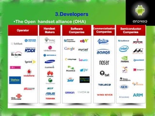 The Open handset alliance (OHA)
3.Developers
 