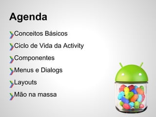 Agenda
Conceitos Básicos
Ciclo de Vida da Activity
Componentes
Menus e Dialogs
Layouts
Mão na massa
 