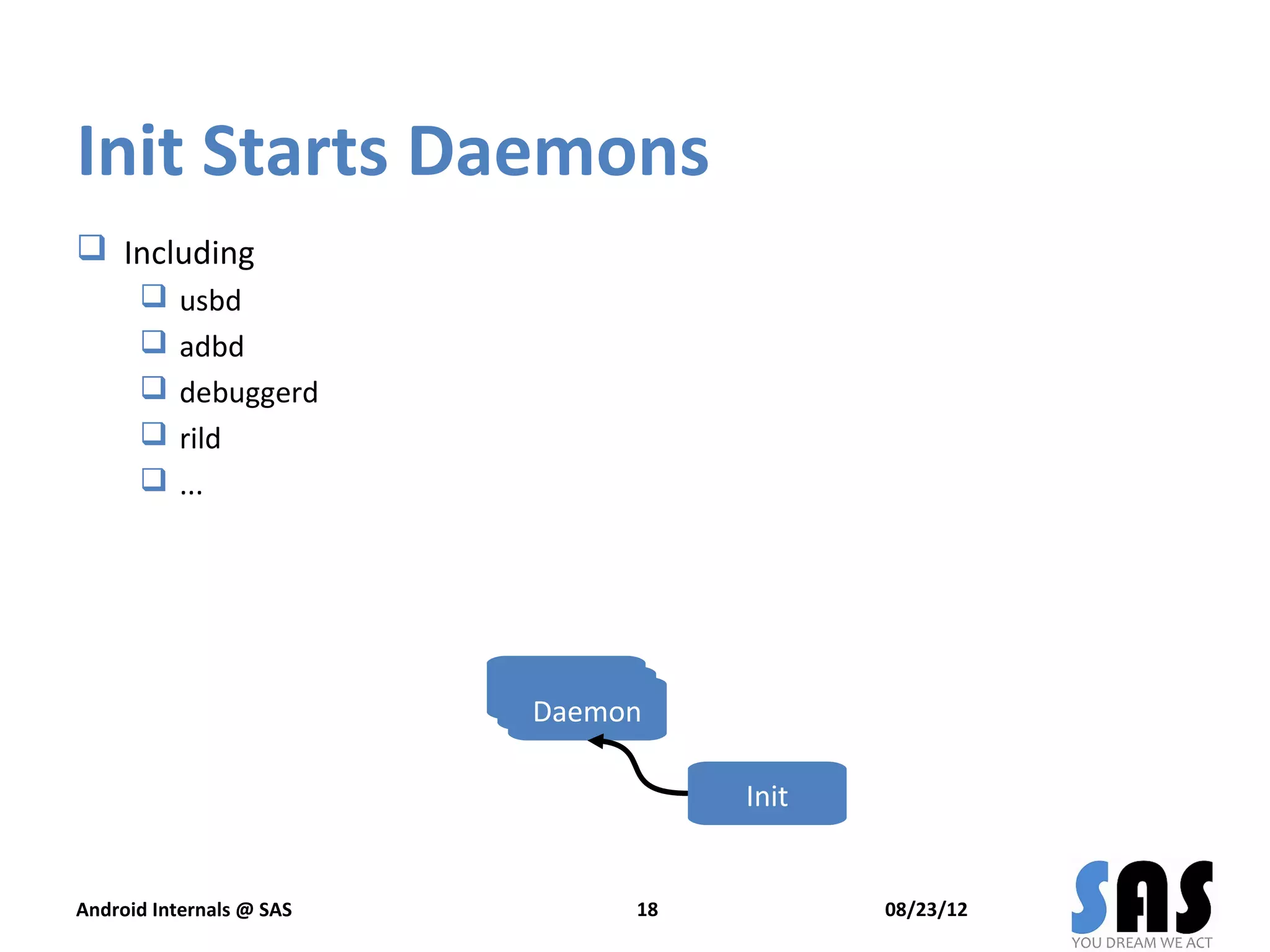 Init Starts Daemons
 Including
          usbd
          adbd
          debuggerd
          rild
          ...




                          Daemon
                           Daemon
                            Daemon

                                      Init


Android Internals @ SAS          18          08/23/12
 