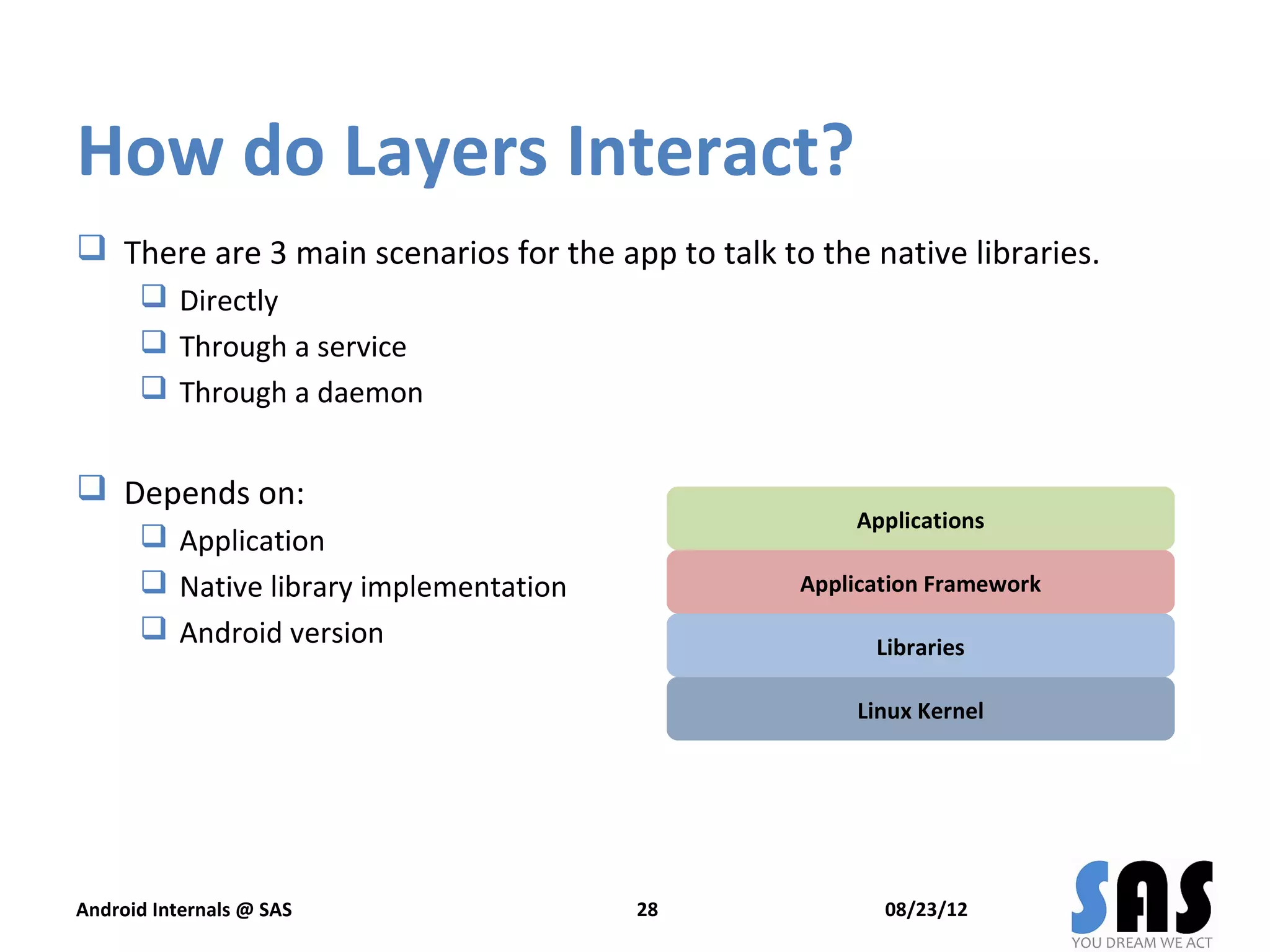 How do Layers Interact?
 There are 3 main scenarios for the app to talk to the native libraries.
       Directly
       Through a service
       Through a daemon


 Depends on:
                                                       Applications
       Application
       Native library implementation              Application Framework
       Android version                                  Libraries

                                                       Linux Kernel




Android Internals @ SAS                 28                08/23/12
 