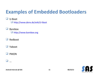 Examples of Embedded Bootloaders
 U-Boot
       http://www.denx.de/wiki/U-Boot

 Barebox
       http://www.barebox.org...