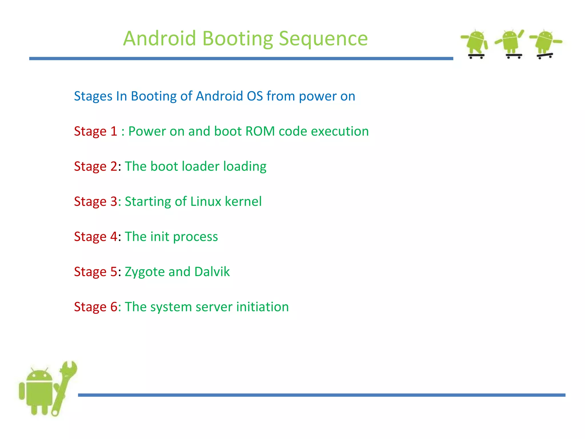 Android Booting Sequence Stages In Booting of Android OS from power on Stage 1   : Power on and boot ROM code execution Stage 2 :  The boot loader loading Stage 3 : Starting of Linux kernel Stage 4 :  The init process  Stage 5 :  Zygote and Dalvik Stage 6 : The system server initiation 