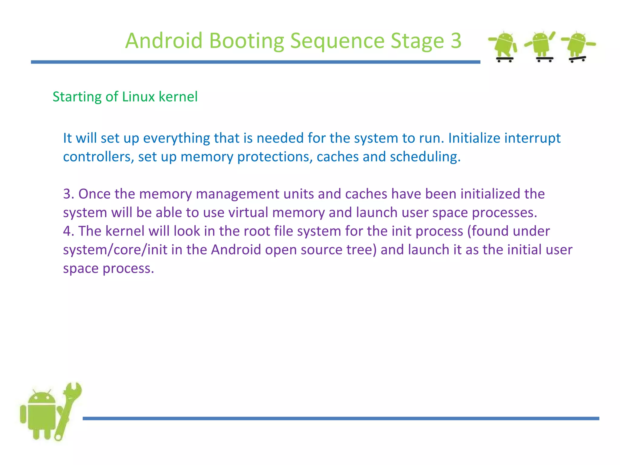 Android Booting Sequence Stage 3 Starting of Linux kernel It will set up everything that is needed for the system to run. Initialize interrupt controllers, set up memory protections, caches and scheduling. Once the memory management units and caches have been initialized the system will be able to use virtual memory and launch user space processes. The kernel will look in the root file system for the init process (found under system/core/init in the Android open source tree) and launch it as the initial user space process. 