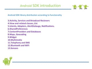 Android  SDK introduction Android SDK library distribution according to functionality Activity, Services and Broadcast Recievers View and related classes, List Intents, Adapters, AlertDialouge, Notifications. SharedPreferences ContentProviders and Databases Maps, Geocoding Widget  Multimedia Telephony and SMS Bluetooth and WiFi Sensors  