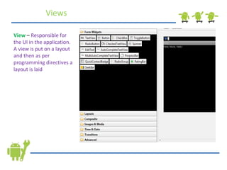 Views  View   –  Responsible for the UI in the application. A view is put on a layout and then as per programming directives a layout is laid 