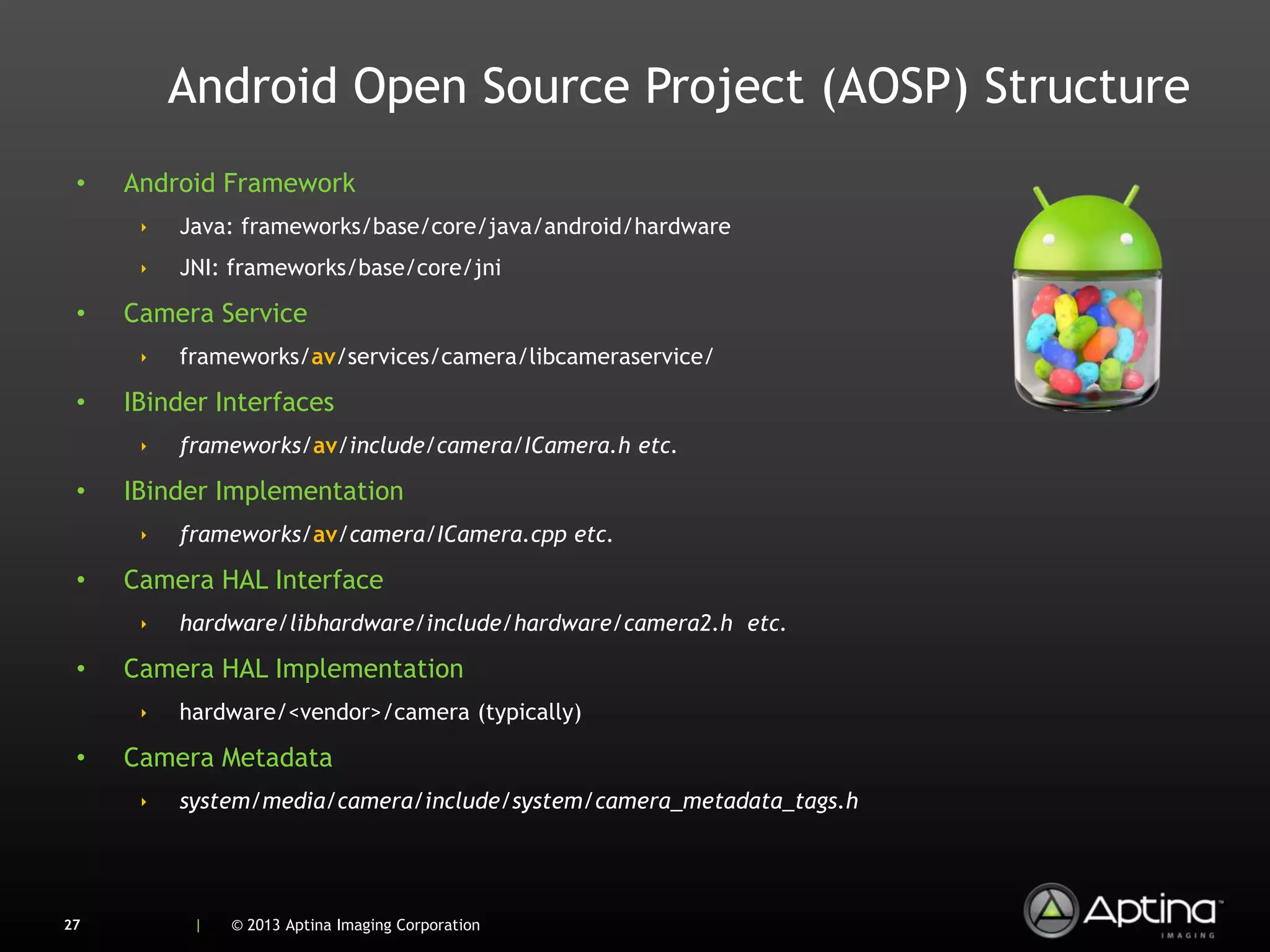 Android Open Source Project (AOSP) Structure
 •   Android Framework
      ‣   Java: frameworks/base/core/java/android/hardware
      ‣   JNI: frameworks/base/core/jni

 •   Camera Service
      ‣   frameworks/av/services/camera/libcameraservice/

 •   IBinder Interfaces
      ‣   frameworks/av/include/camera/ICamera.h etc.

 •   IBinder Implementation
      ‣   frameworks/av/camera/ICamera.cpp etc.

 •   Camera HAL Interface
      ‣   hardware/libhardware/include/hardware/camera2.h etc.

 •   Camera HAL Implementation
      ‣   hardware/<vendor>/camera (typically)

 •   Camera Metadata
      ‣   system/media/camera/include/system/camera_metadata_tags.h




27         |   © 2013 Aptina Imaging Corporation
 
