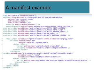 The (Android) application.An application consists ofA manifest xml.A set of:Activities.Services.Broadcast receivers.Content providers.