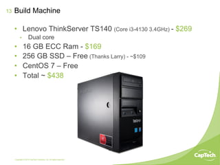 Copyright © 2014 CapTech Ventures, Inc. All rights reserved.
13
•  Lenovo ThinkServer TS140 (Core i3-4130 3.4GHz) - $269
•  Dual core
•  16 GB ECC Ram - $169
•  256 GB SSD – Free (Thanks Larry) - ~$109
•  CentOS 7 – Free
•  Total ~ $438
Build Machine
 