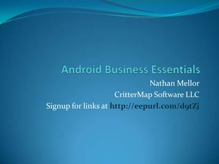 Nathan Mellor
                     CritterMap Software LLC
Signup for links at http://eepurl.com/d9tZj
 