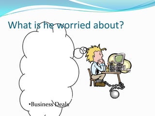 What is he worried about?
    •Ideas
    •Research
    •Development
    •Quality
    •Publishing
    •Tech Support
    •Marketing
    •Improvements
    •Content creation
    •Business Deals
 