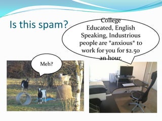 College
Is this spam?     Educated, English
                Speaking, Industrious
                people are *anxious* to
                 work for you for $2.50
                       an hour.
      Meh?
 